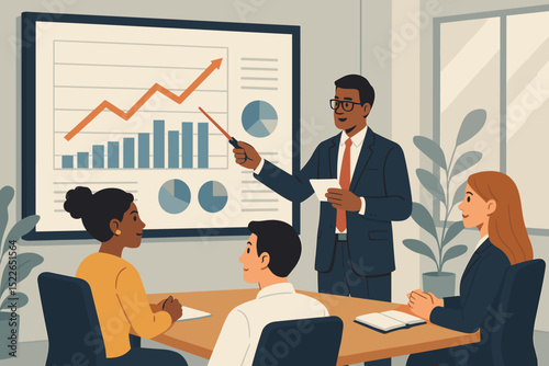 Business team presentation with charts in modern office setting