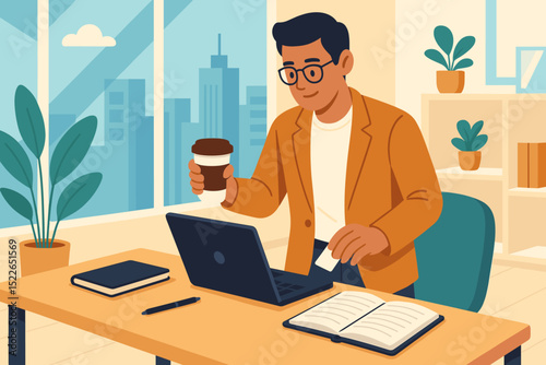 Man working on laptop with coffee in modern office setting