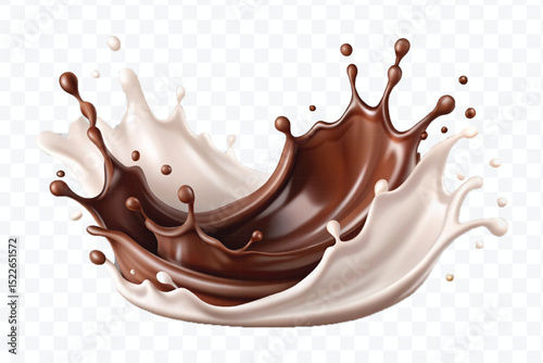 abstract 3d smooth chocolate and milk splashes in different style isolated on transparent background