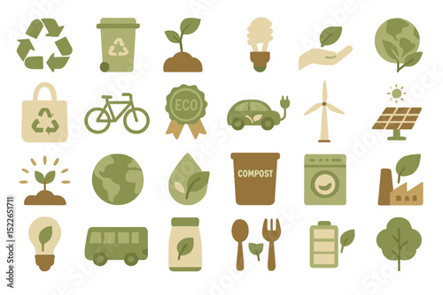Eco-friendly icons illustrate sustainable practices for a greener future in a minimalist design