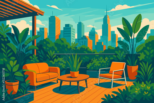 Modern rooftop terrace with city skyline and lush plants
