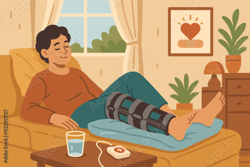 Injured man resting with leg brace on sofa in cozy home