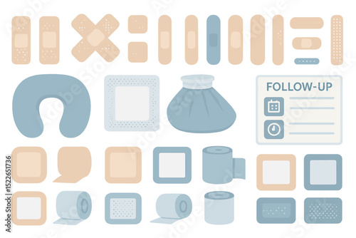 First aid supplies arranged on a white background for health and safety preparation activities