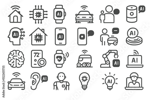 Exploring artificial intelligence icons depicting smart home technology, wearable devices, and robotics in a modern context