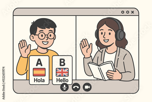 Students engage in a virtual language lesson learning Spanish and English with interactive cards at home