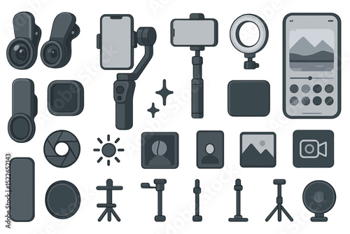Collection of photography and videography equipment arranged on a flat surface showcasing tools for creators