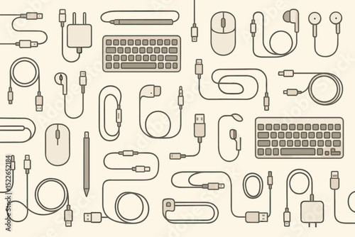 Various computer accessories laid out in a neat pattern showcasing cables, keyboards, and other devices within a light background