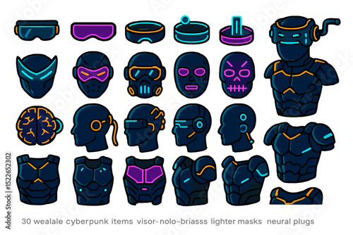 Collection of cyberpunk design elements showcasing various visors, masks, and armor pieces in a futuristic style