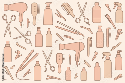 Hair salon tools and equipment laid out in a creative pattern, showcasing a variety of essential styling items and products