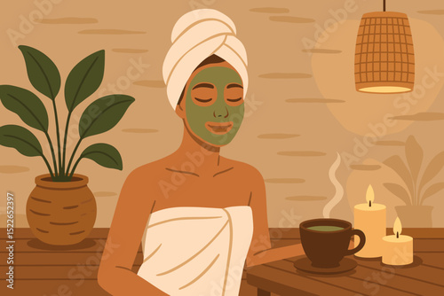 Relaxing spa moment with herbal tea and facial mask in a cozy setting