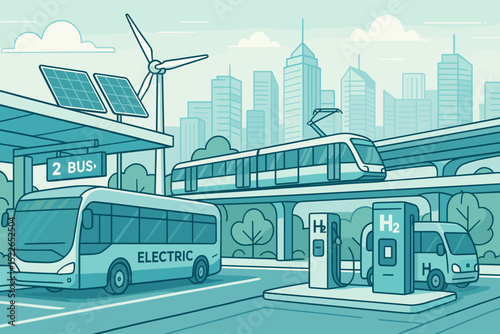 Modern urban transport hub with electric buses, trains, and renewable energy sources in a city setting