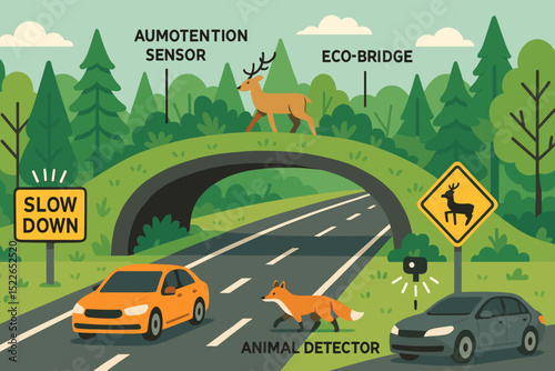 Eco-bridge facilitates wildlife crossing on busy road in forested area with safety measures for animals and drivers
