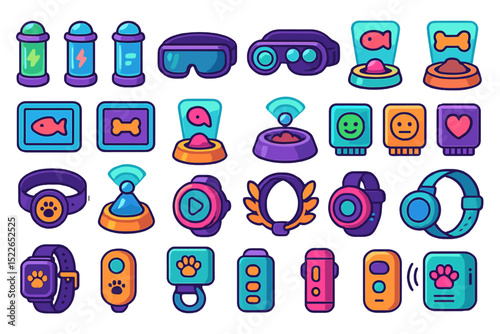 Icon set features colorful pet gadgets and accessories in a modern design illustrating various functionalities for pets and owners