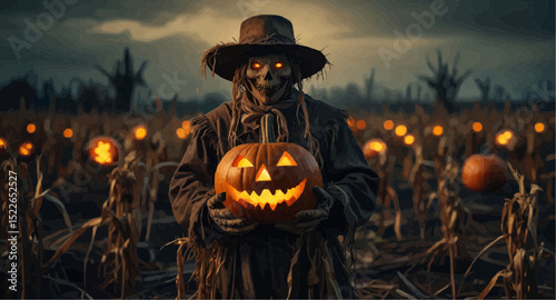 A scarecrow stands in a cornfield, holding a pumpkin, surrounded by tall corn stalks under a clear blue sky.  