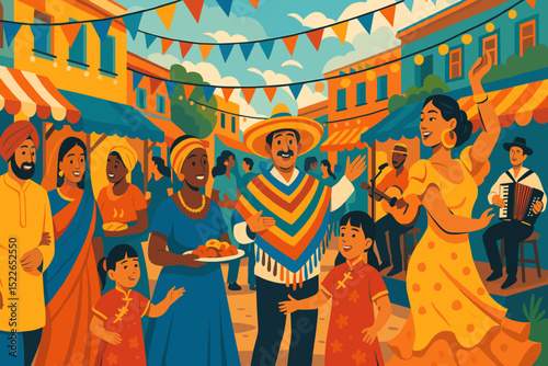 Vibrant multicultural street festival with music, dance, and food