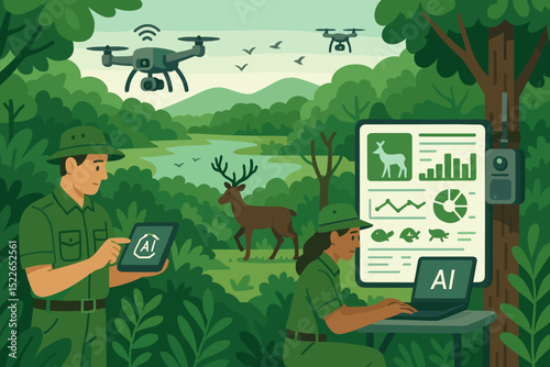 Wildlife researchers monitor animal behavior using technology and AI tools in a lush forest landscape