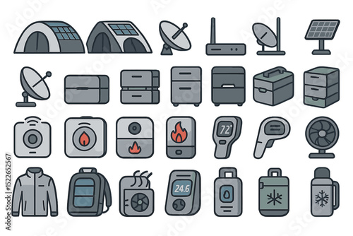 Variety of camping and outdoor equipment displayed in a flat design style