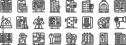 Online hotel booking icons set. Icons depicting various aspects of hotel booking, including online reservations, check in, amenities, and services, catering to modern travelers