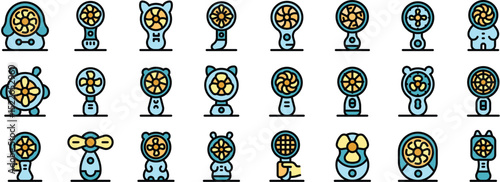 Collection of cartoon fans featuring adorable animal designs in blue and yellow