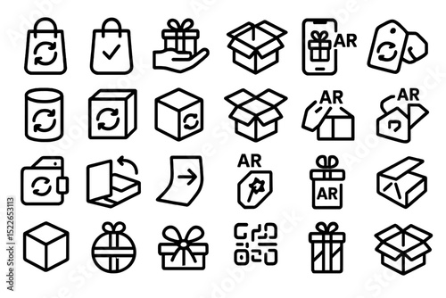 Icons representing gift giving, packaging, and augmented reality in a modern digital shopping environment