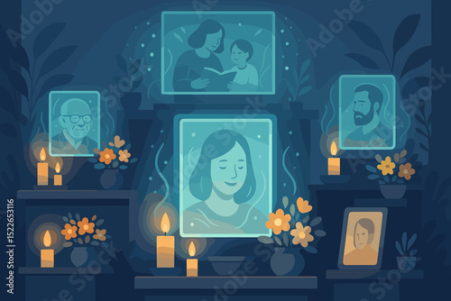 Celebrating memories and honoring loved ones with a colorful altar in a serene evening setting