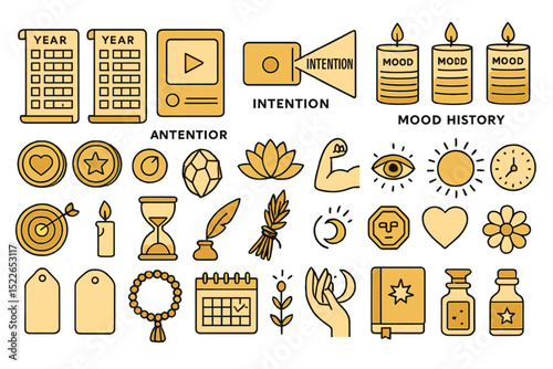 Visual symbols representing intention, mood tracking, and personal reflection through various icons and illustrations