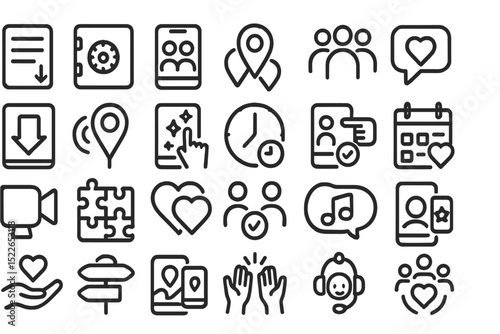 Collection of simple line icons representing various themes related to communication and connection