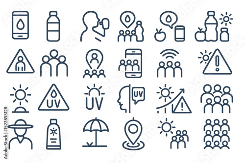 Awareness symbols promoting hydration, sun protection, and social gatherings during summer activities