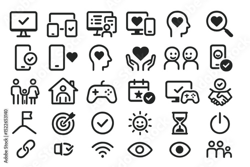 Icons representing digital communication, relationship building, and personal well-being featured on a plain backdrop