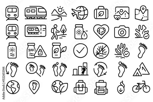 Travel and adventure icons representing exploration and outdoor activities in various settings