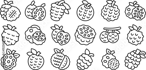 Custard apple icons set. Set of minimal sugar apple icons representing different varieties and slices of the fruit, highlighting its texture, leaves, and seeds