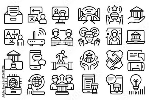 Collection of icons representing virtual communication, collaboration, and education in modern society