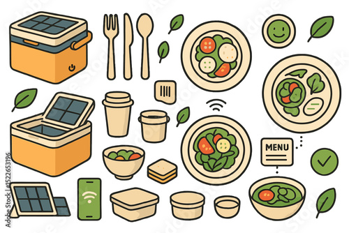 Variety of fresh meal prep items with containers, utensils, and salad bowls set up for a healthy meal planning activity