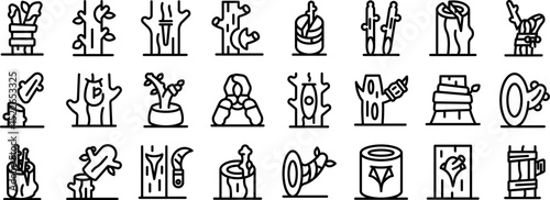 Plant grafting icons set. Icons depict various tree and shrub care activities, including planting, cutting, grafting, trimming, and utilizing bamboo and wood logs