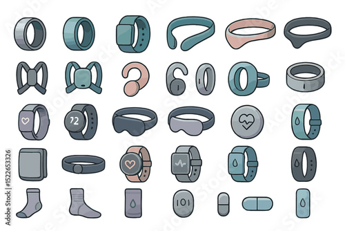 Collection of wearable fitness gadgets and health monitoring devices designed for various activities and health tracking