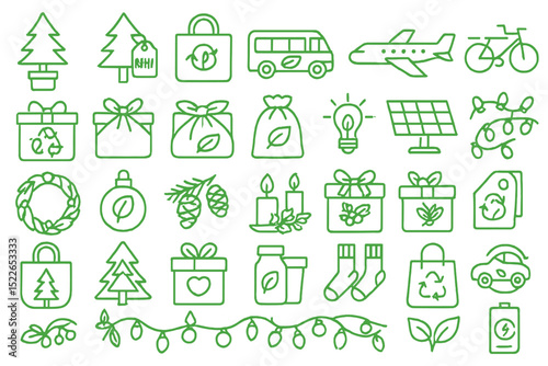 Green icons representing sustainability, holidays, and eco-friendly living in a creative design suitable for various uses