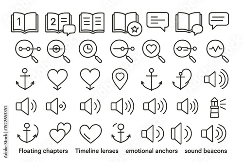 Illustration of various icons representing storytelling elements and communication methods for visual storytelling concepts