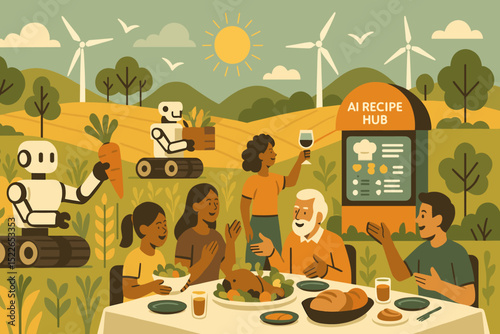 Community gathers for a farm-to-table feast with innovative technology and sustainability in a sunny landscape
