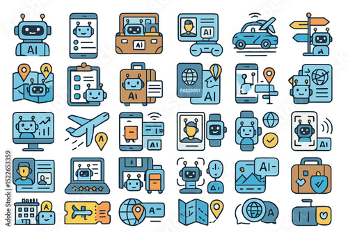 Unique collection of icons representing artificial intelligence applications in travel and business environments