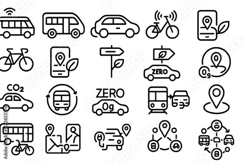 Icons representing sustainable transportation options and their environmental benefits in a modern design