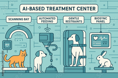 Innovative AI-based treatment center for pets featuring scanning bay, automated feeding, and biosync panel