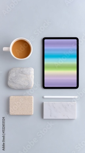 Pastel Colored Tablet with Stylus and Coffee on Grey Surface photo