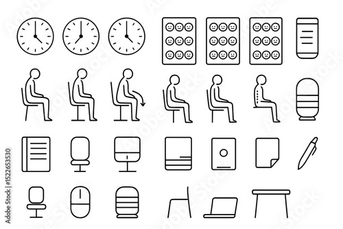 Collection of simple line drawings depicting various office items and activities related to sitting and productivity