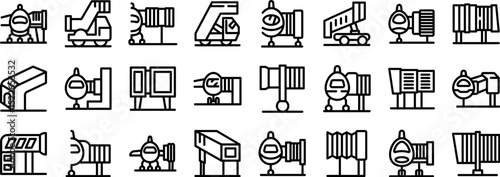 Jet bridge icons set. Airport ground support equipment and infrastructure ensuring smooth passenger boarding, cargo handling, and aircraft maintenance