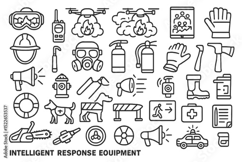 Emergency response equipment icons illustrating various tools and safety gear used during crises and disasters