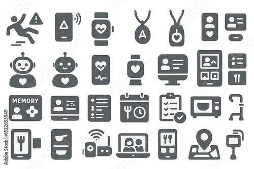 Technology icons representing health monitoring, communication, and daily living aids for elderly care