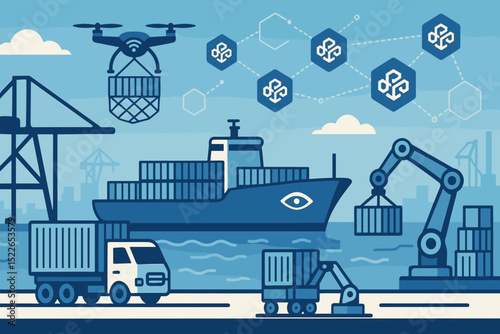 Innovative logistics technology at a busy port showcasing drones, shipping containers, and automated machinery