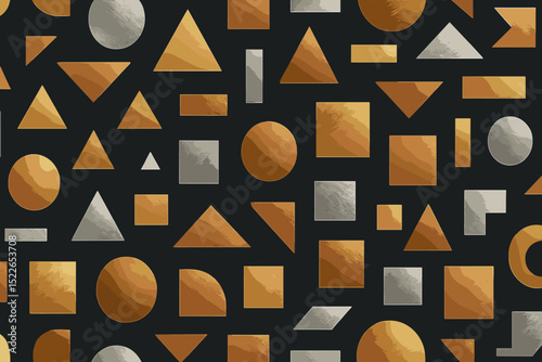 Geometric patterns with gold and silver shapes on a dark background create an eye-catching design suitable for modern decor