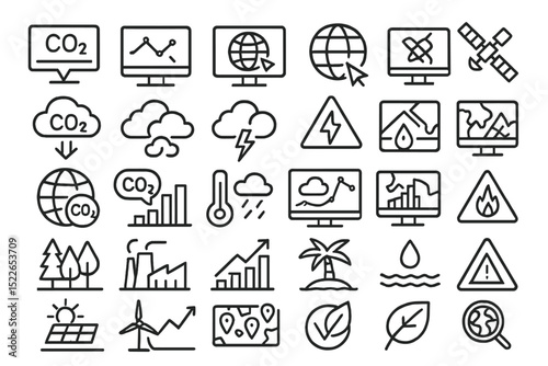 Icons depicting climate change, environmental issues, and sustainability concepts with graphs and symbols set against a clean background