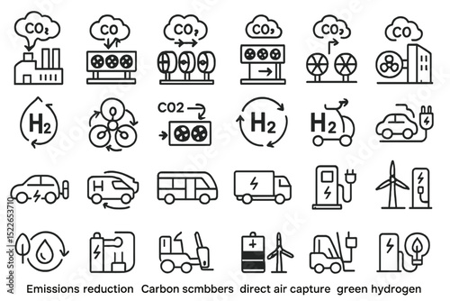 Innovative icons representing emission reduction strategies and green hydrogen development for sustainable energy solutions